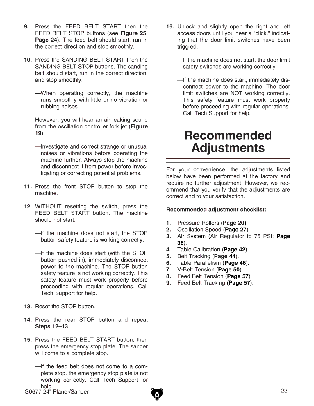 Grizzly G0677 owner manual Recommended Adjustments, Recommended adjustment checklist 