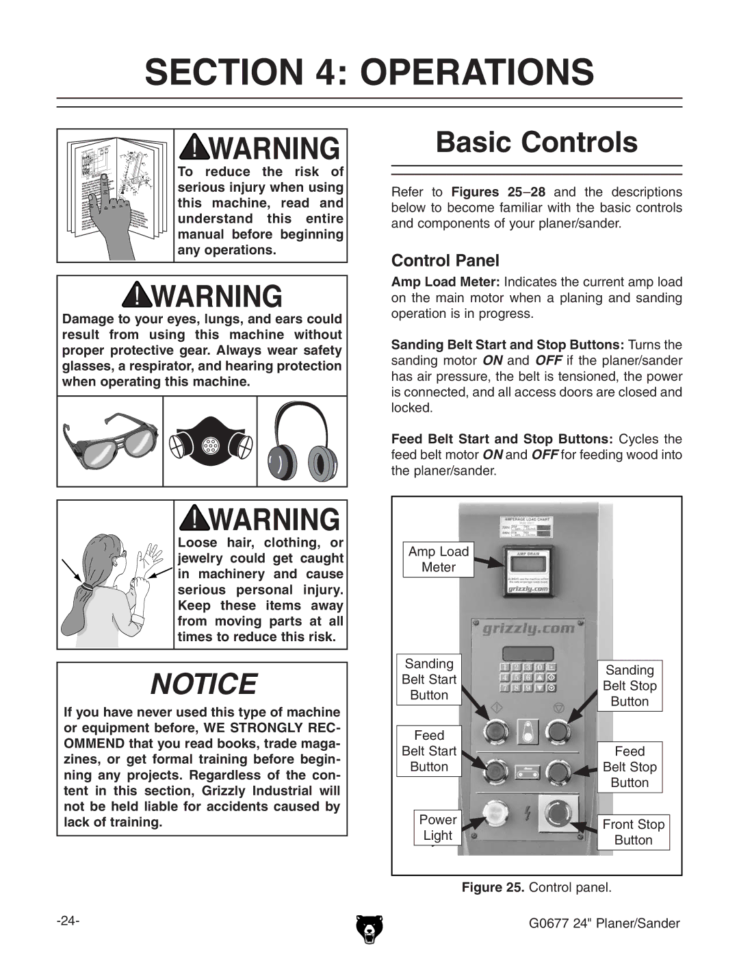 Grizzly G0677 owner manual Operations, Basic Controls, Control Panel, 7jiidc EdlZg 