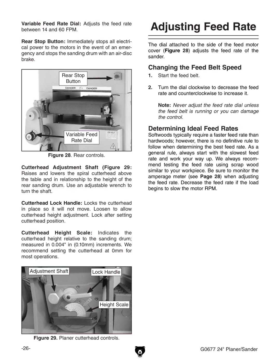 Grizzly G0677 owner manual Adjusting Feed Rate, Changing the Feed Belt Speed, Determining Ideal Feed Rates 