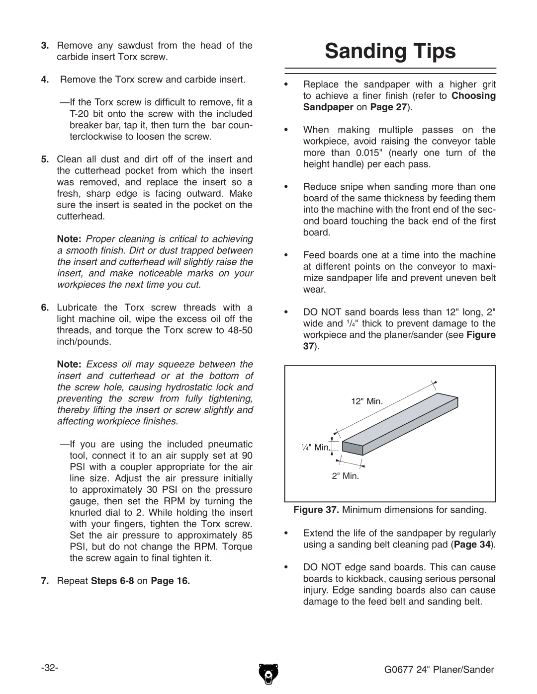 Grizzly G0677 owner manual Sanding Tips, GZeZViSteps 6-8dcPage 