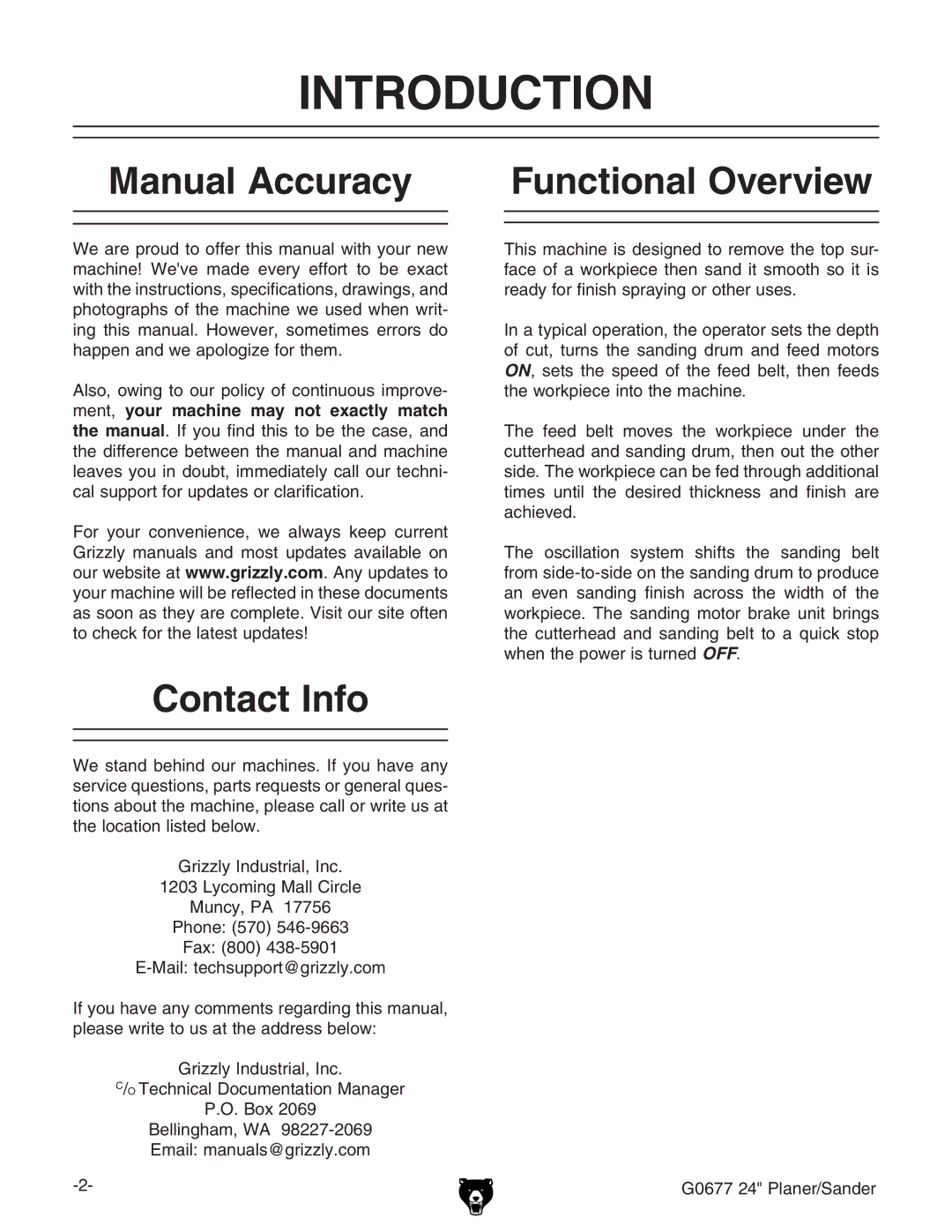 Grizzly G0677 owner manual Introduction, Manual Accuracy Functional Overview, Contact Info, +,,EaVcZg$HVcYZg 