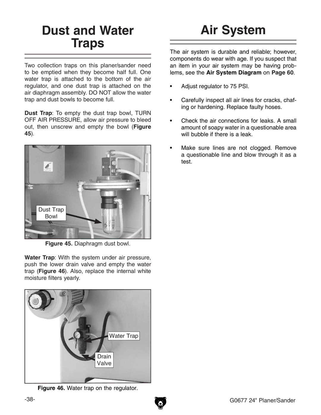 Grizzly G0677 owner manual Dust and Water Traps, Air System, 9jhiIgVe 7dla, LViZgIgVe 