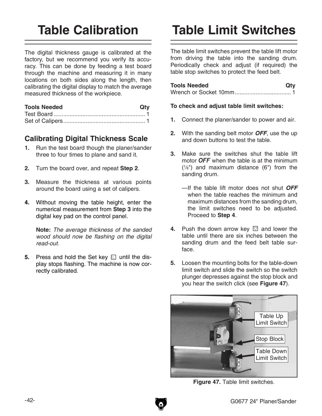 Grizzly G0677 owner manual Table Calibration, Table Limit Switches, Calibrating Digital Thickness Scale 