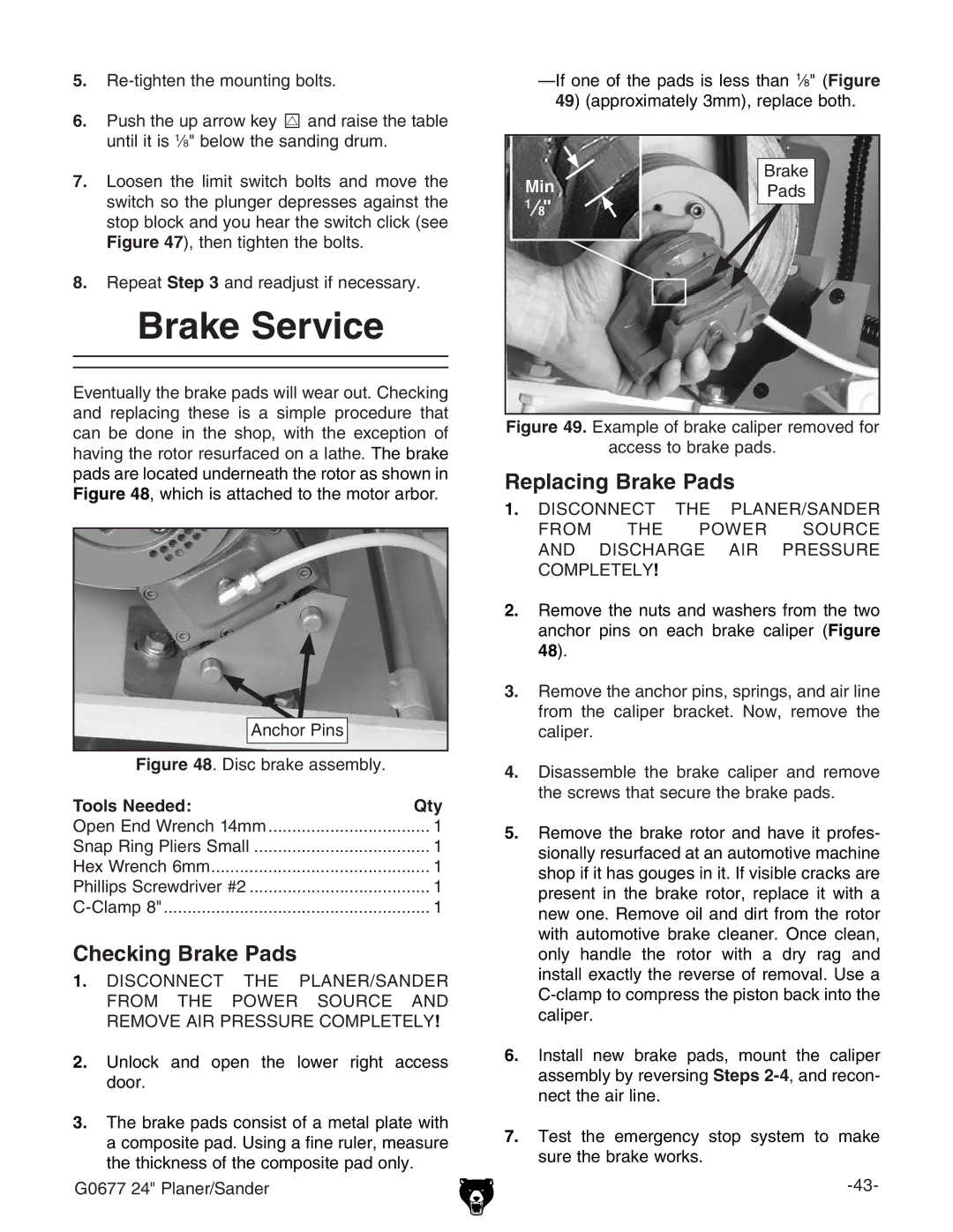 Grizzly G0677 owner manual Brake Service, Checking Brake Pads, Replacing Brake Pads, Tools Needed Qty, 7gV`Z 