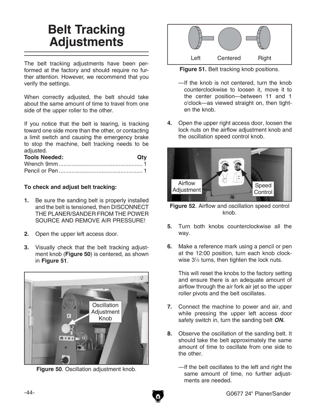 Grizzly G0677 owner manual Belt Tracking Adjustments, To check and adjust belt tracking 