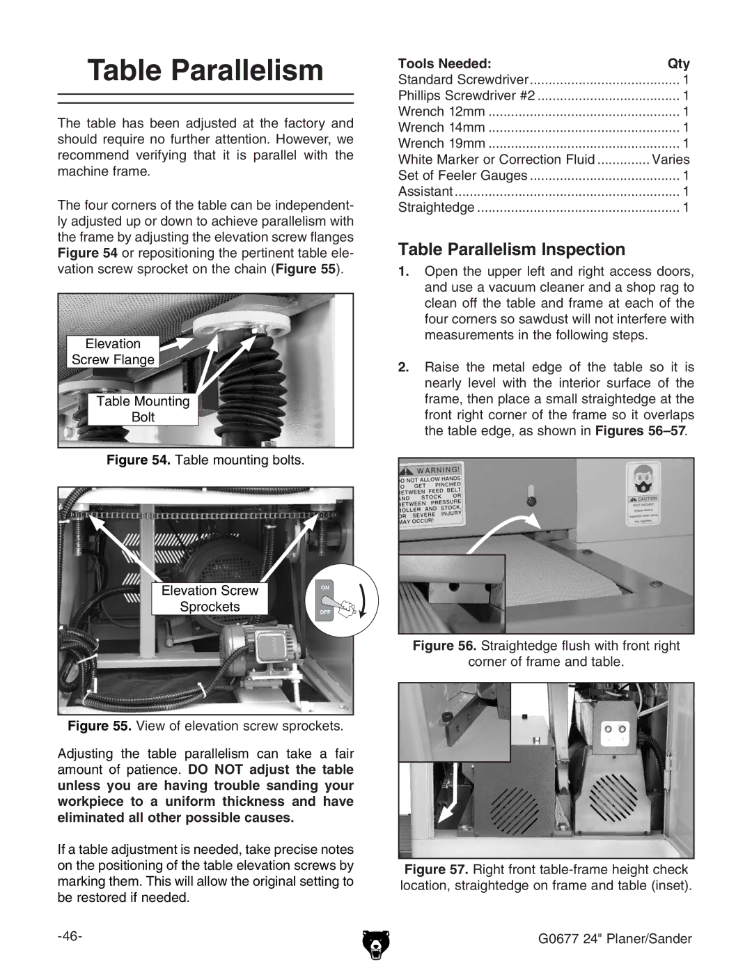 Grizzly G0677 owner manual Table Parallelism Inspection, Tools NeededQty, HigV\iZY\Z, XdgcZgdgVbZVcYiVWaZ# 