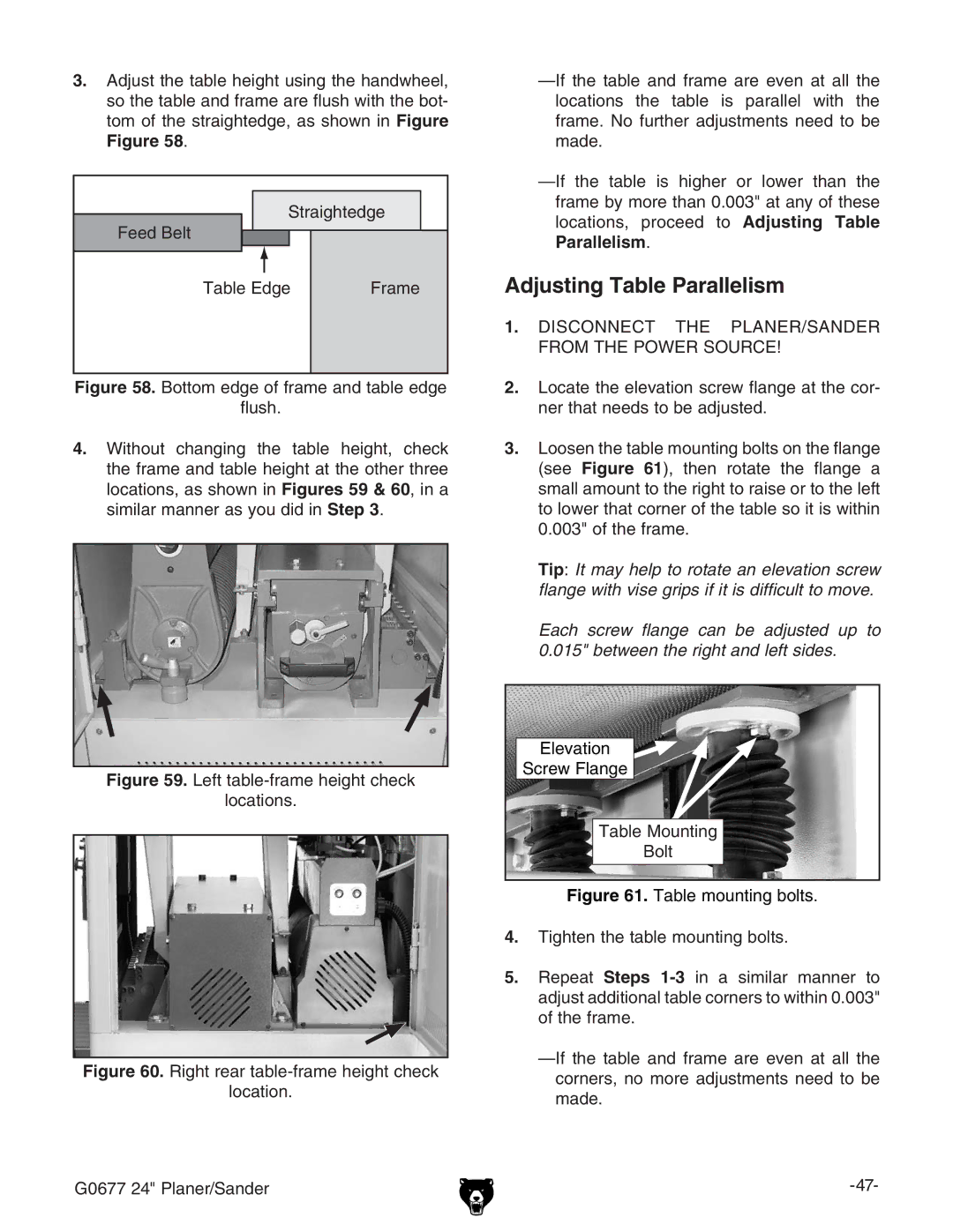 Grizzly G0677 owner manual Adjusting Table Parallelism, HigV\iZY\Z ZZY7Zai IVWaZY\Z GVbZ, Ajh#, IVWaZBdjcic\ 7dai 