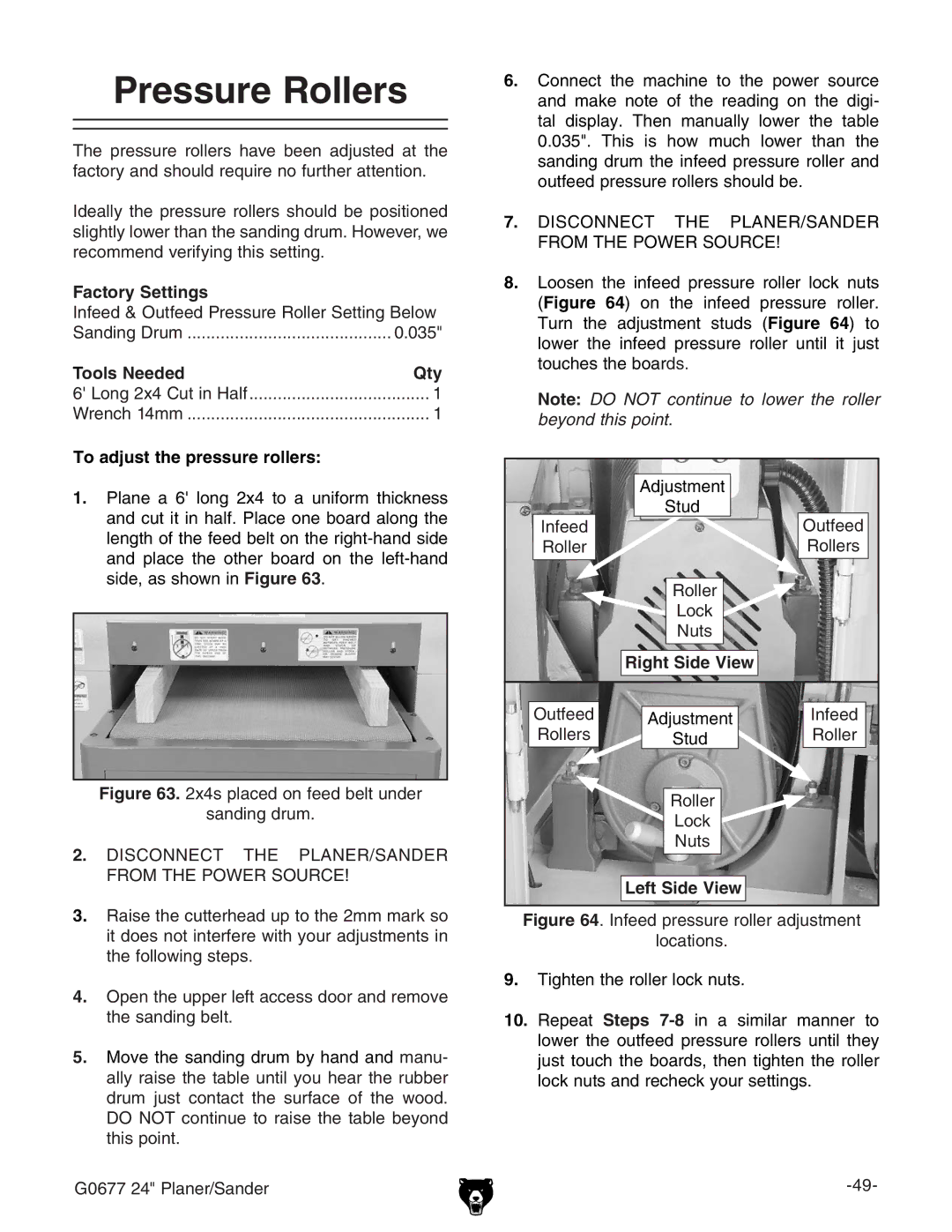 Grizzly G0677 owner manual Pressure Rollers, Factory Settings, DjiZZY, Cjih 