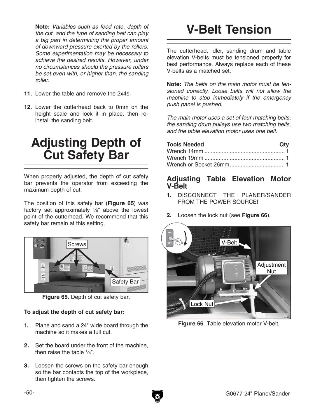 Grizzly G0677 owner manual Adjusting Depth Cut Safety Bar, Belt Tension, Adjusting Table Elevation Motor V-Belt 