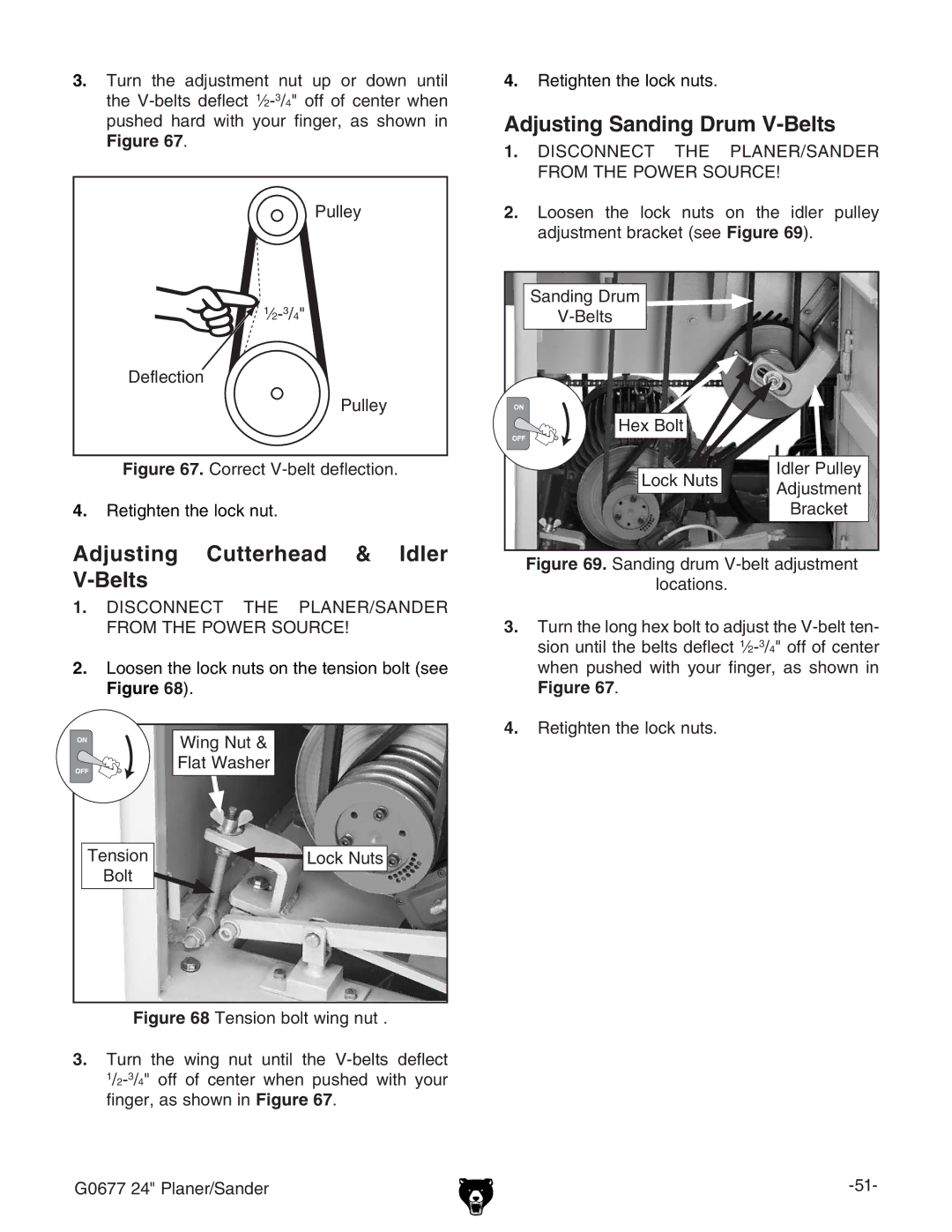 Grizzly G0677 owner manual Adjusting Cutterhead & Idler V-Belts, Adjusting Sanding Drum V-Belts 