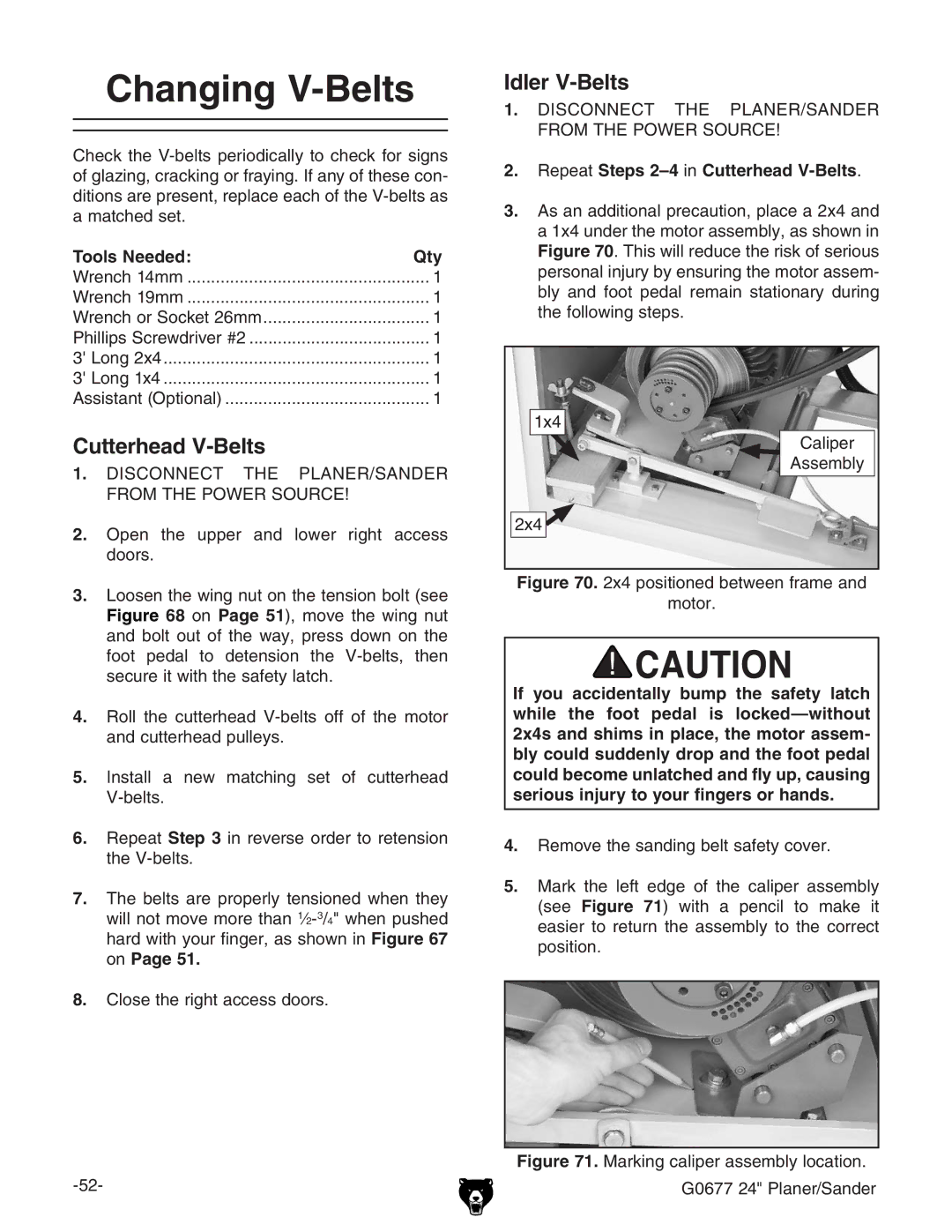 Grizzly G0677 owner manual Changing V-Belts, Idler V-Belts,  GZeZViSteps 2-4cCutterhead V-Belts# 