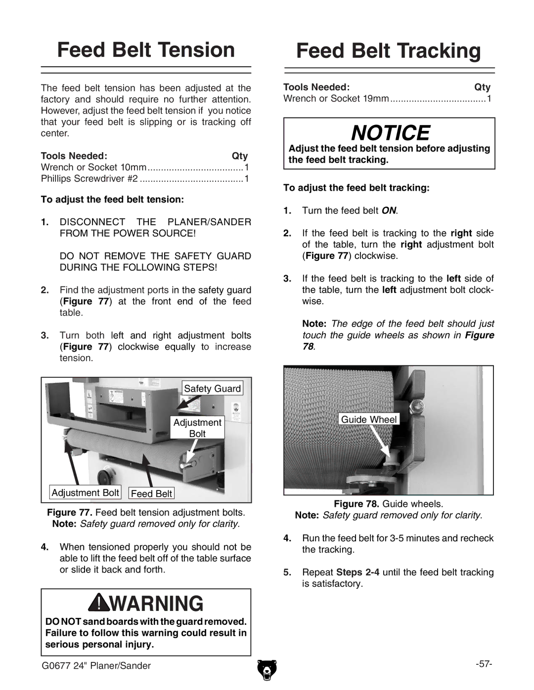 Grizzly G0677 owner manual Feed Belt Tension, Feed Belt Tracking 