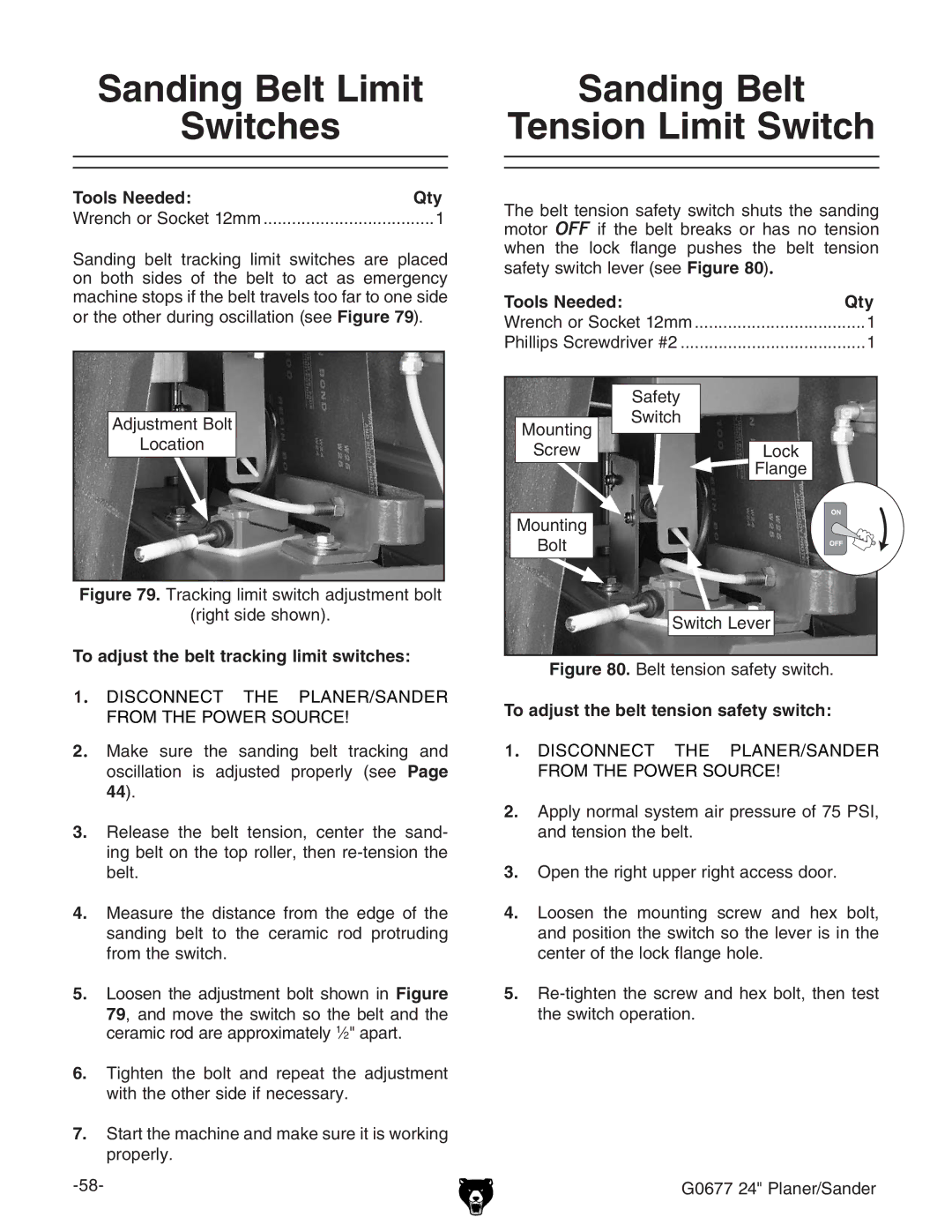 Grizzly G0677 owner manual To adjust the belt tracking limit switches, To adjust the belt tension safety switch 