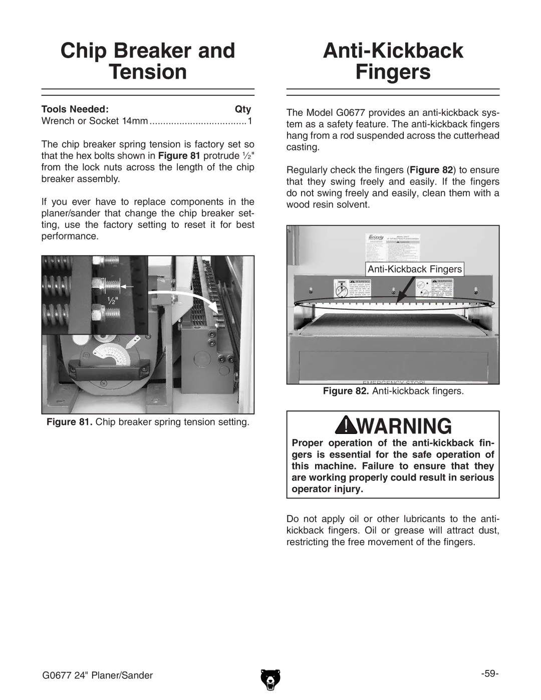 Grizzly G0677 owner manual Chip Breaker Tension, Anti-Kickback Fingers, 6ci@X`WVX`c\Zgh 