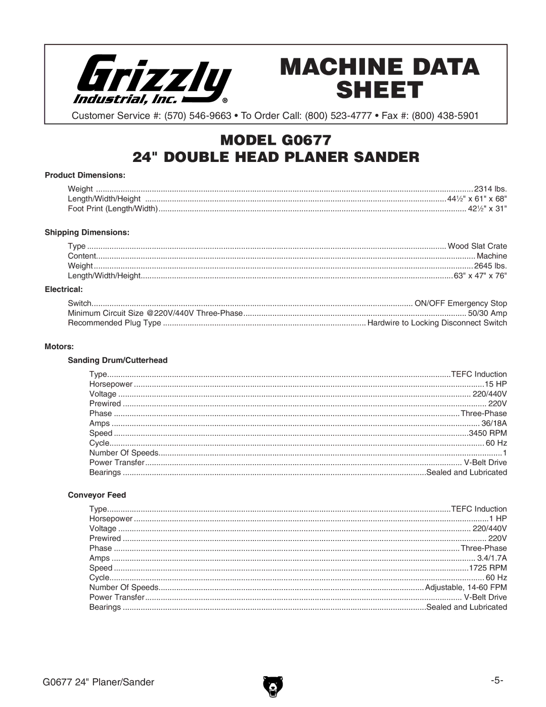 Grizzly G0677 owner manual Machine Data Sheet 