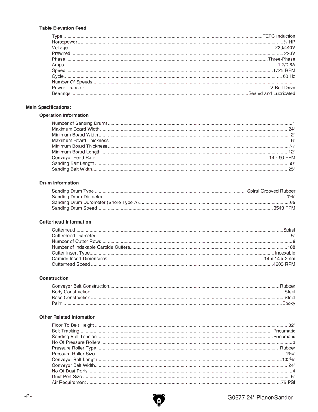 Grizzly G0677 owner manual Table Elevation Feed 