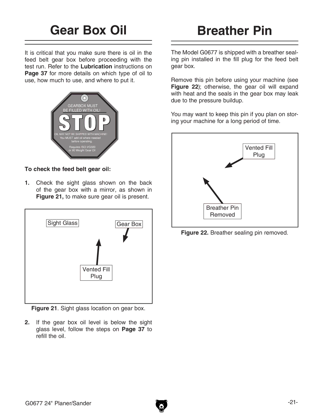 Grizzly G0677 owner manual Gear Box Oil Breather Pin, To check the feed belt gear oil, KZciZYaa Eaj 
