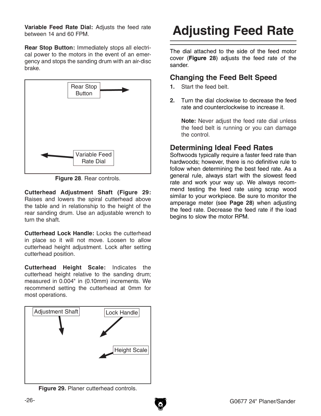 Grizzly G0677 owner manual Adjusting Feed Rate, Changing the Feed Belt Speed, Determining Ideal Feed Rates 