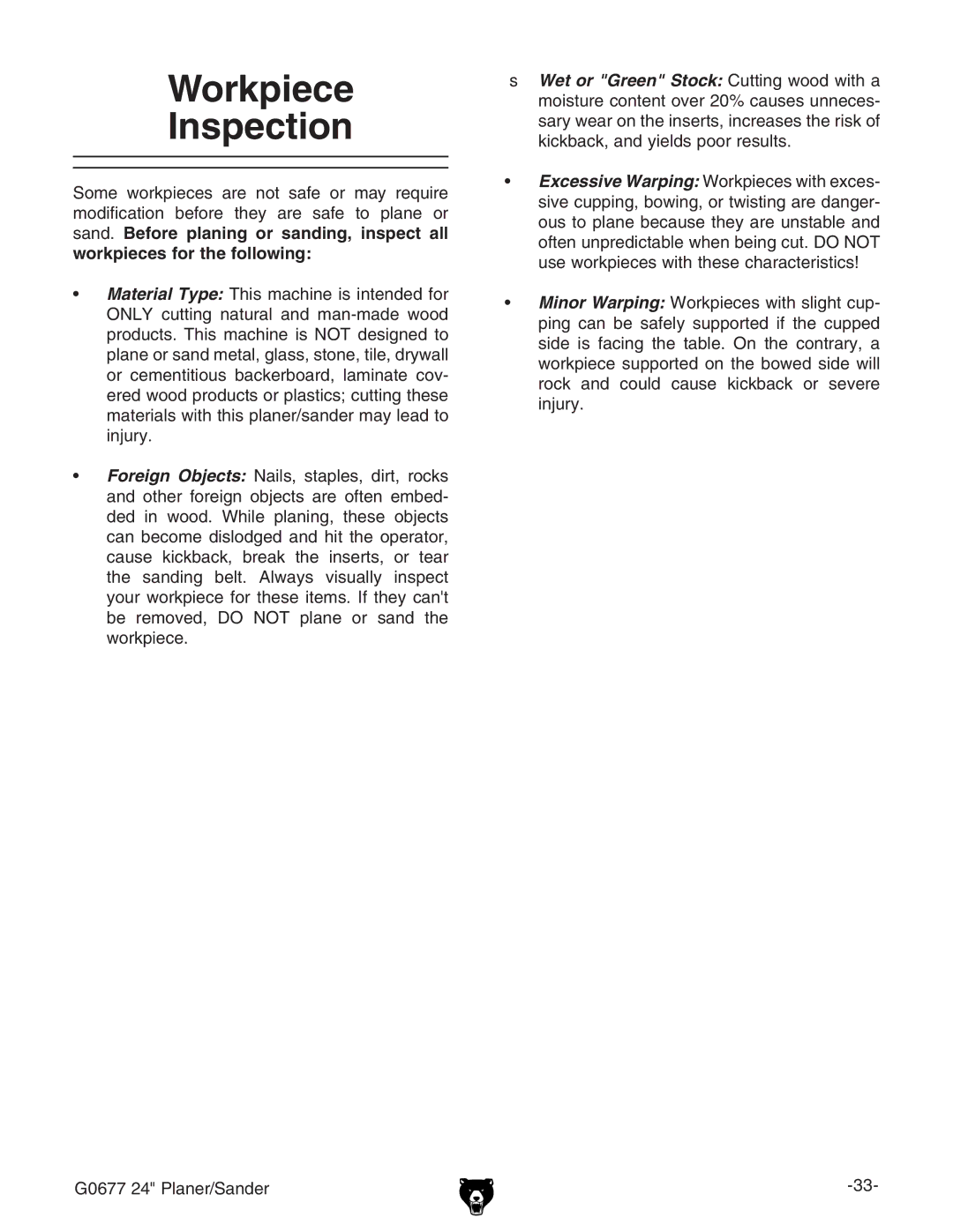 Grizzly G0677 owner manual Workpiece Inspection 