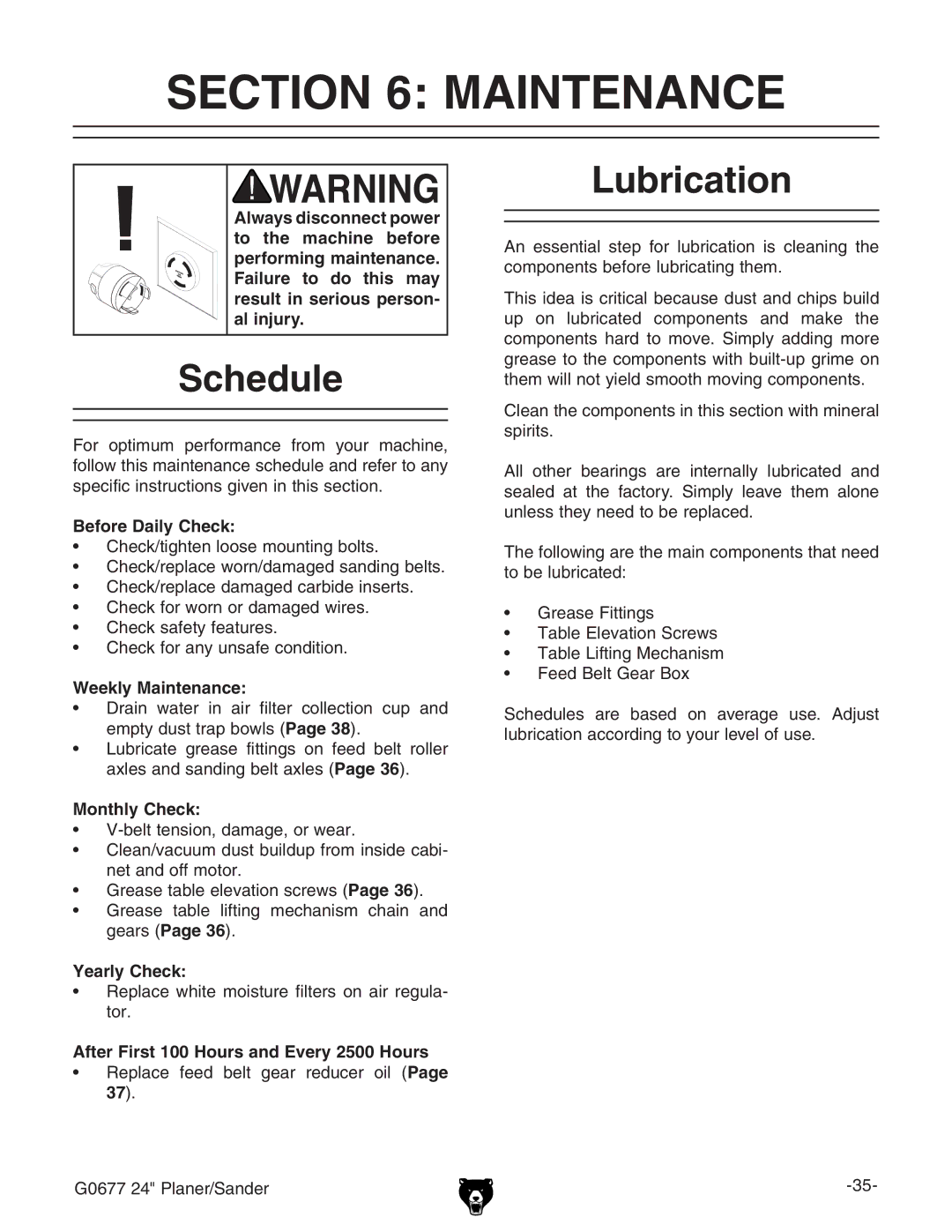 Grizzly G0677 owner manual Schedule, Lubrication 