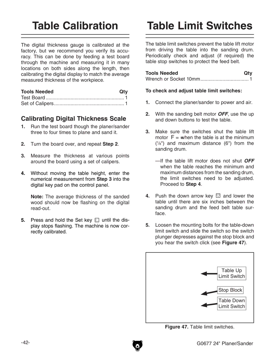 Grizzly G0677 owner manual Table Calibration, Table Limit Switches, Calibrating Digital Thickness Scale 