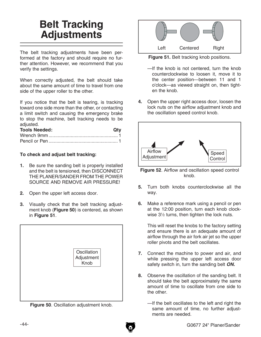 Grizzly G0677 owner manual Belt Tracking Adjustments, To check and adjust belt tracking 