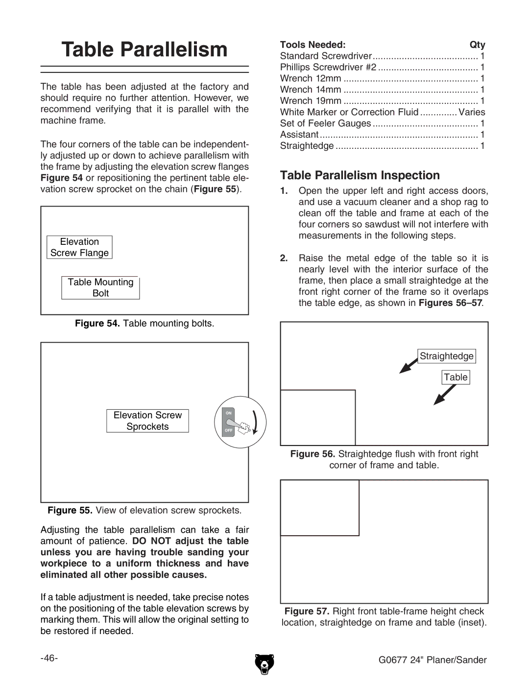 Grizzly G0677 owner manual Table Parallelism Inspection, Tools NeededQty, HigV\iZY\Z, XdgcZgdgVbZVcYiVWaZ# 