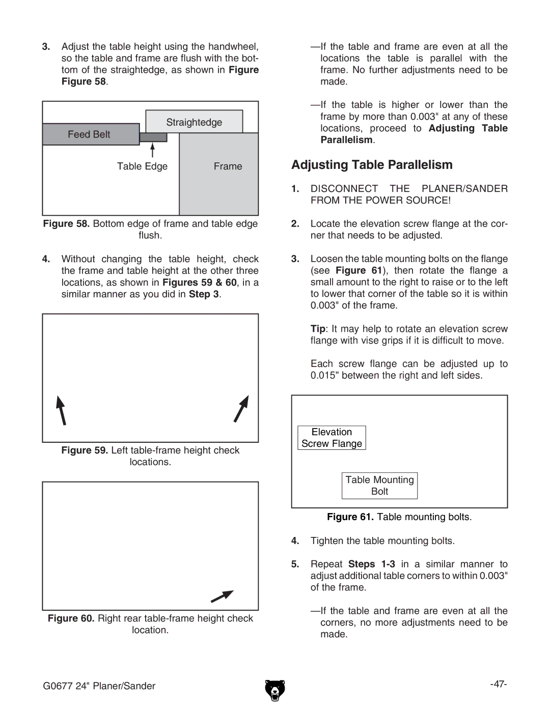 Grizzly G0677 owner manual Adjusting Table Parallelism, HigV\iZY\Z ZZY7Zai IVWaZY\Z GVbZ, Ajh#, IVWaZBdjcic\ 7dai 