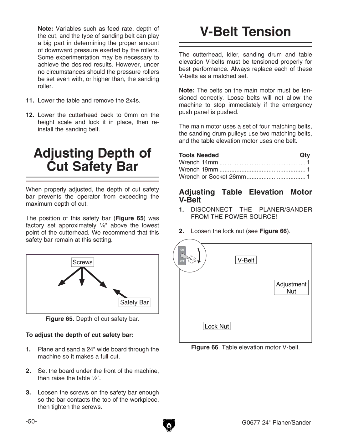 Grizzly G0677 owner manual Adjusting Depth Cut Safety Bar, Belt Tension, Adjusting Table Elevation Motor V-Belt 