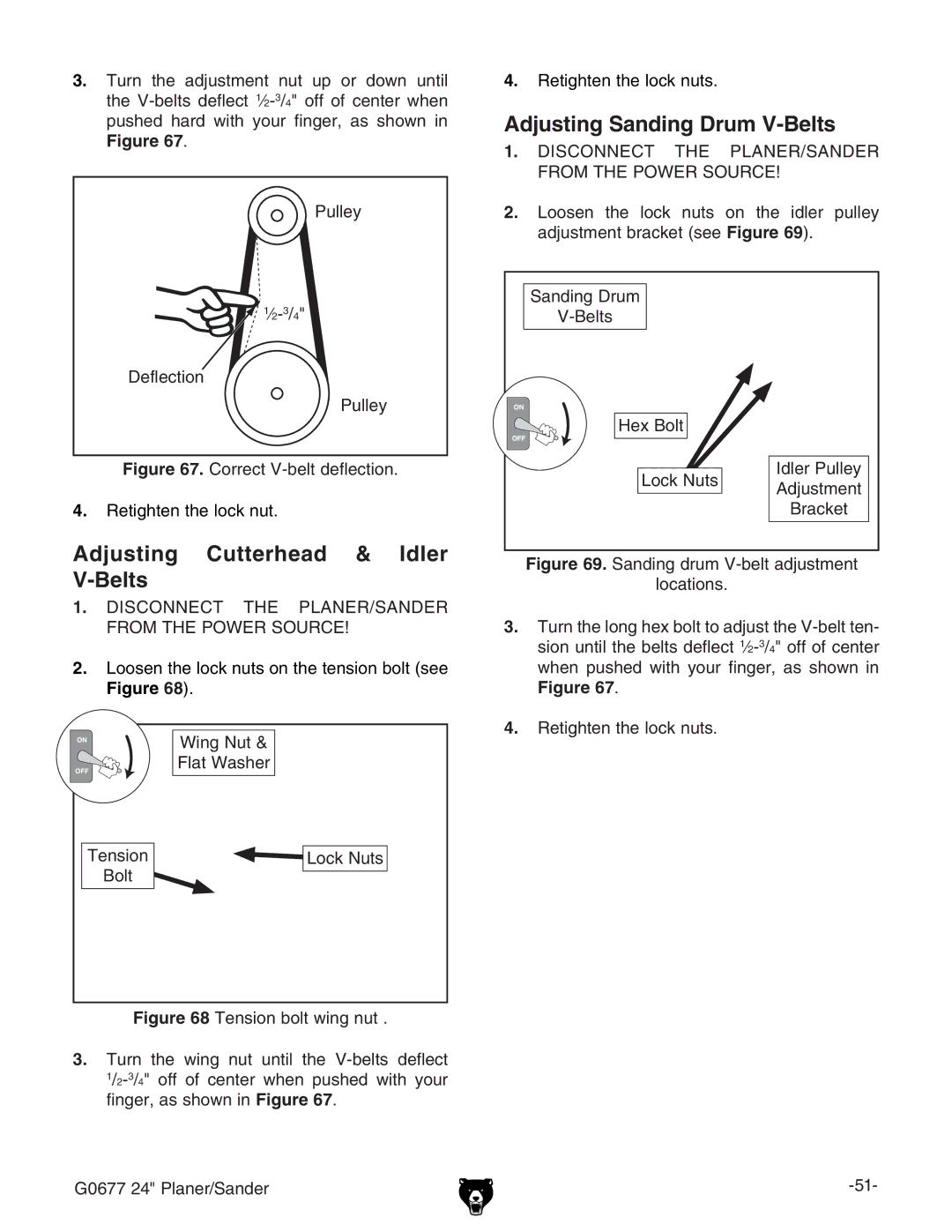 Grizzly G0677 owner manual Adjusting Cutterhead & Idler V-Belts, Adjusting Sanding Drum V-Belts 