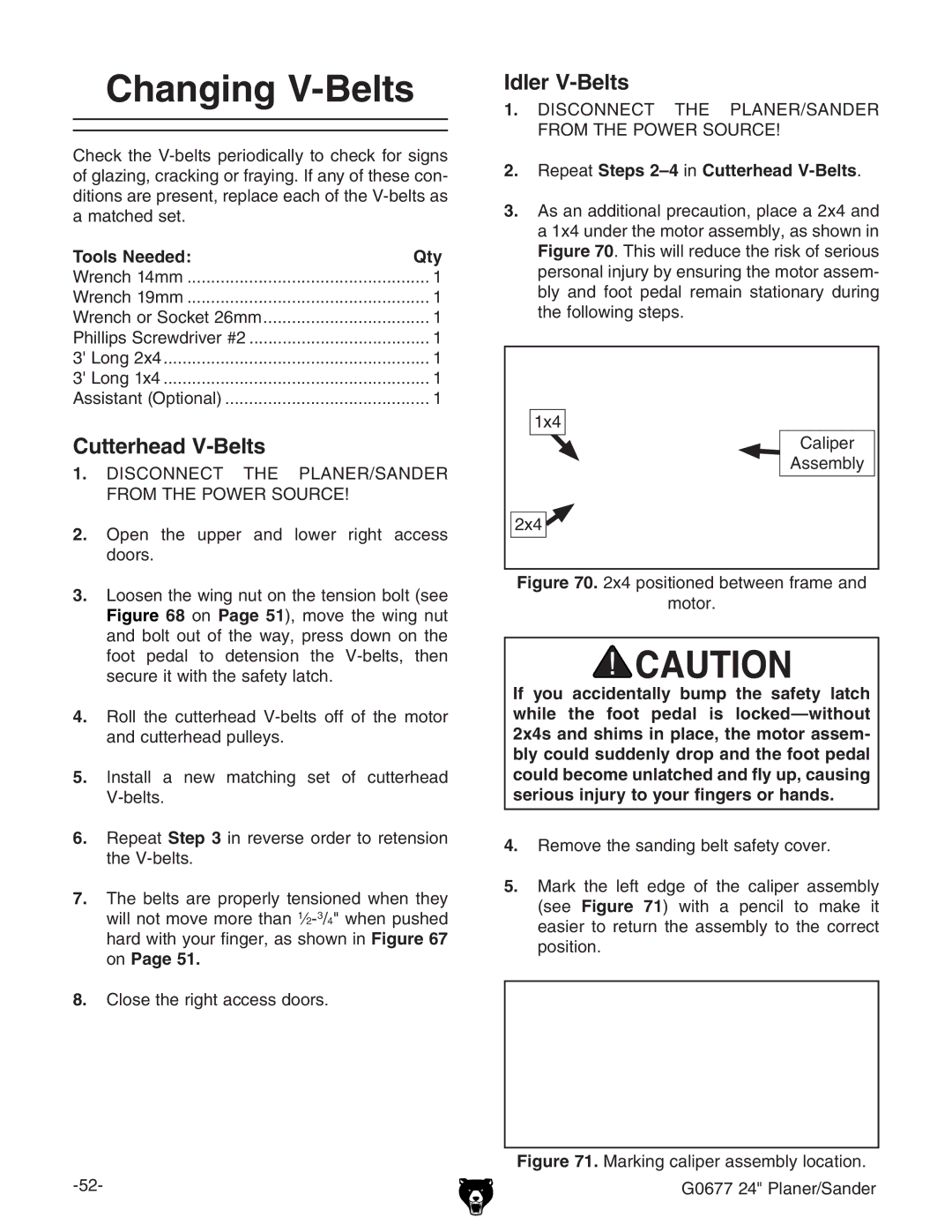 Grizzly G0677 owner manual Changing V-Belts, Idler V-Belts,  GZeZViSteps 2-4cCutterhead V-Belts# 