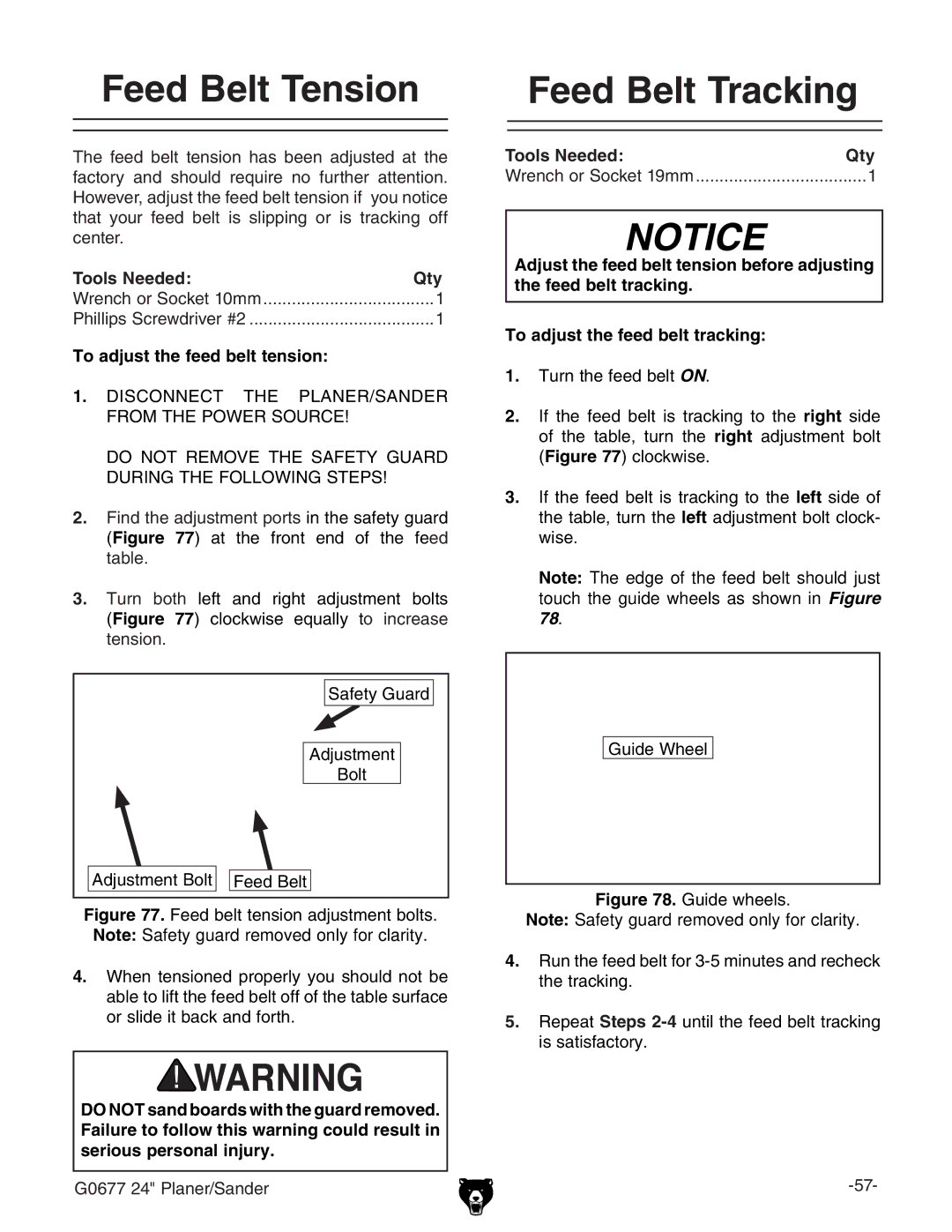 Grizzly G0677 owner manual Feed Belt Tension, Feed Belt Tracking 