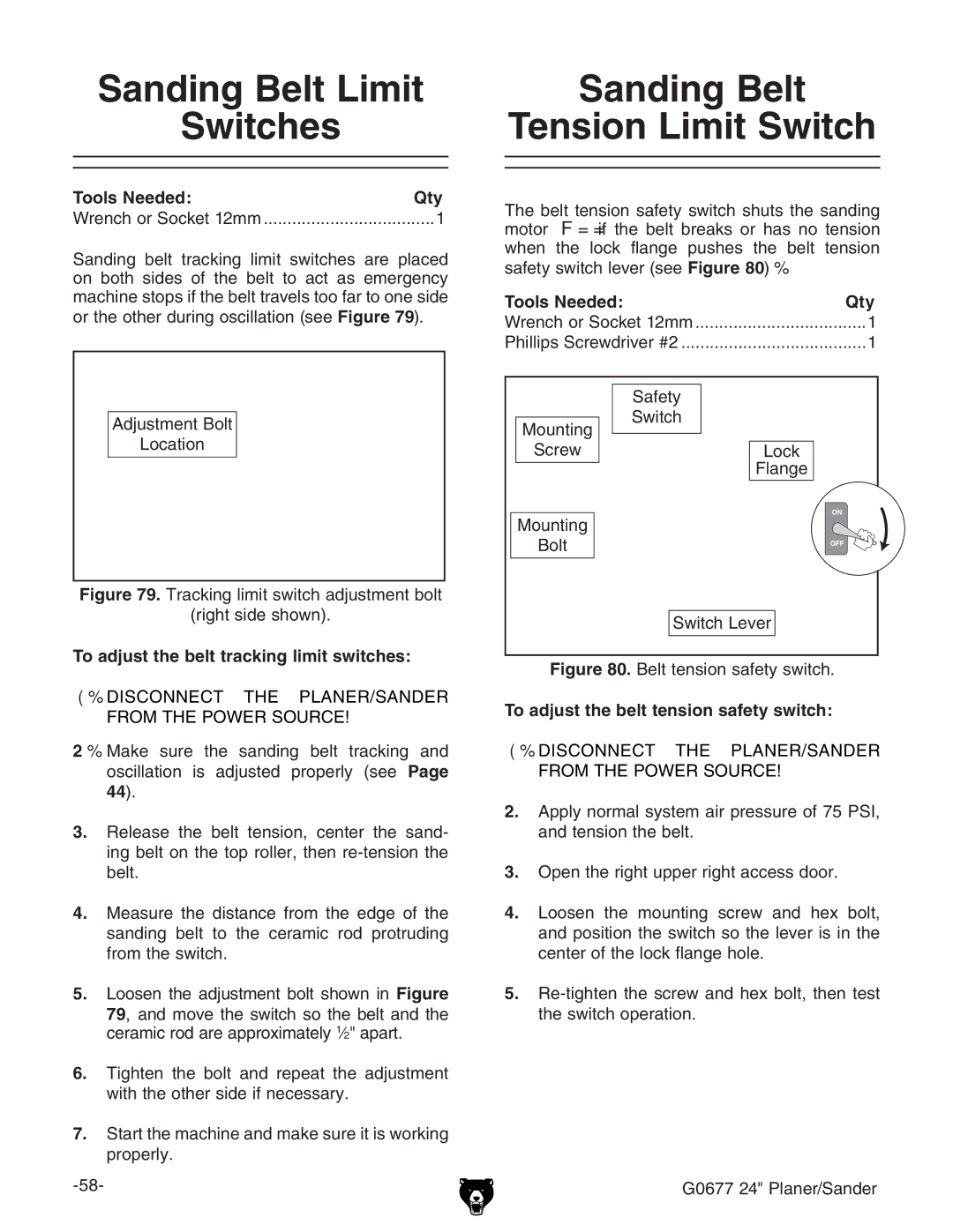 Grizzly G0677 owner manual To adjust the belt tracking limit switches, To adjust the belt tension safety switch 