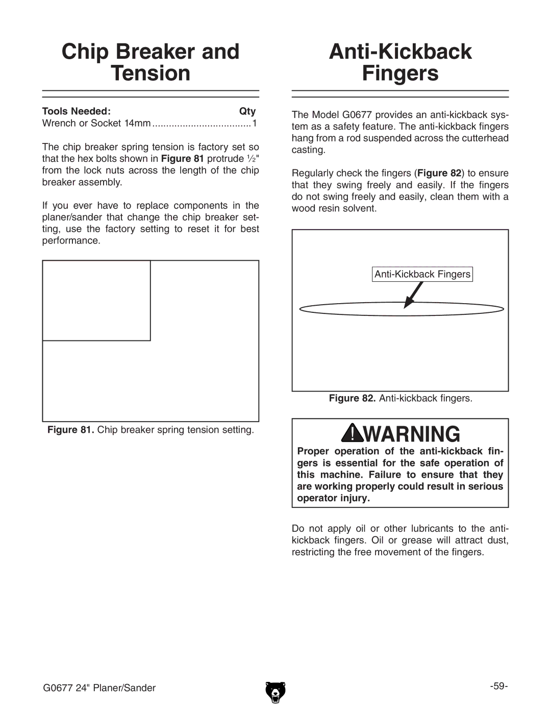 Grizzly G0677 owner manual Chip Breaker Tension, Anti-Kickback Fingers, 6ci@X`WVX`c\Zgh 