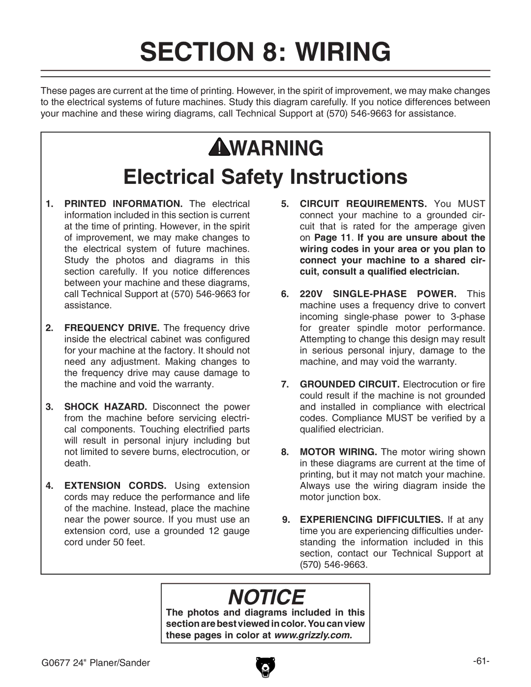 Grizzly G0677 owner manual Wiring, Electrical Safety Instructions 