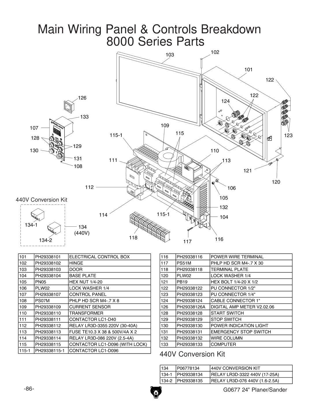 Grizzly G0677 owner manual Main Wiring Panel & Controls Breakdown Series Parts, 440V Conversion Kit 