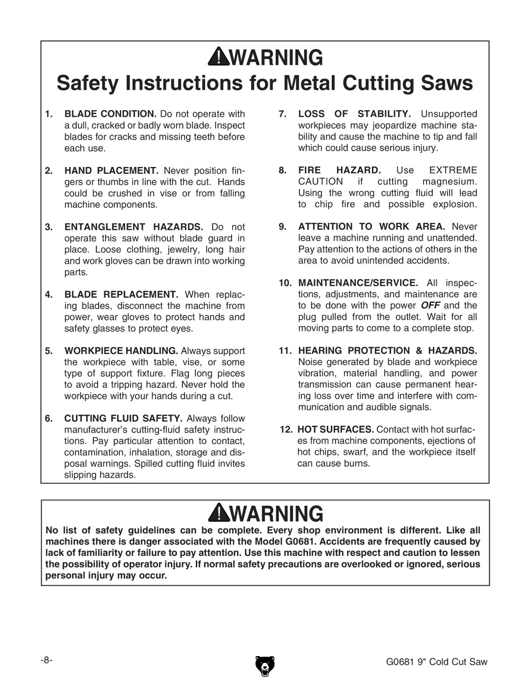 Grizzly G0681 owner manual Safety Instructions for Metal Cutting Saws, Hearing Protection & Hazards 