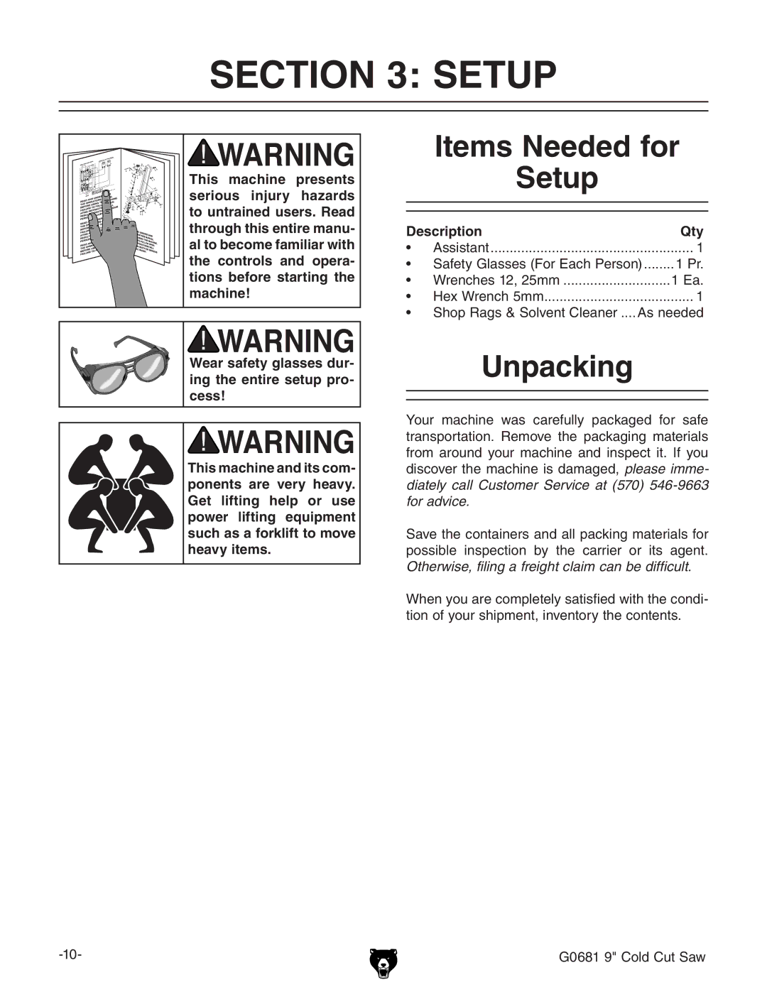 Grizzly G0681 owner manual Items Needed for Setup, Unpacking, Description Qty 