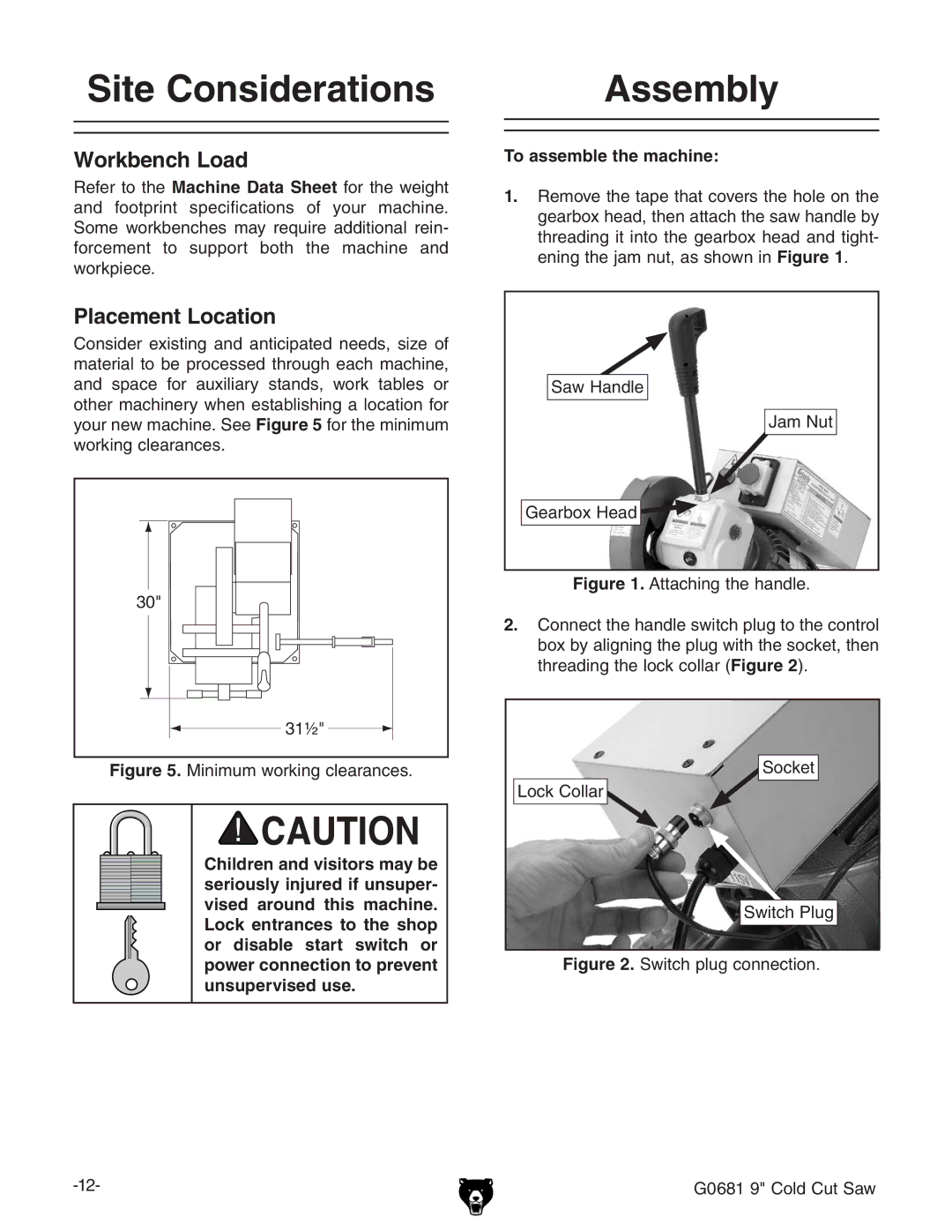 Grizzly G0681 owner manual Site Considerations, Assembly, Workbench Load, Placement Location, To assemble the machine 