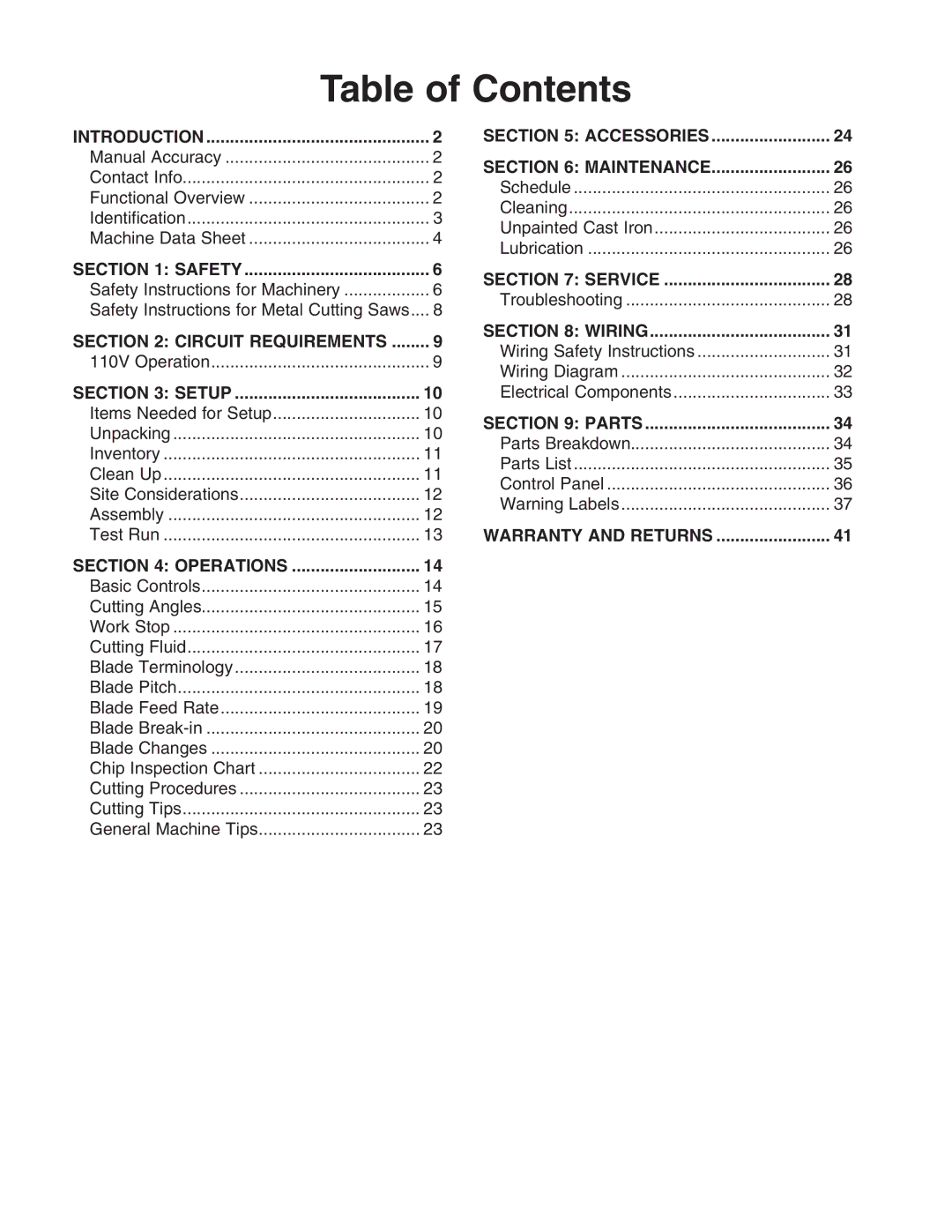 Grizzly G0681 owner manual Table of Contents 