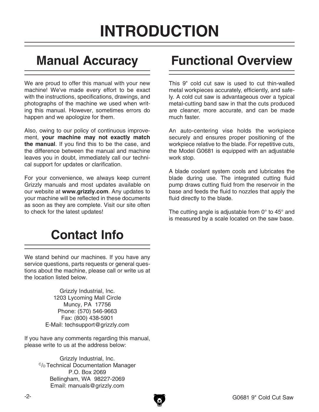 Grizzly G0681 owner manual Introduction, Manual Accuracy Functional Overview, Contact Info 