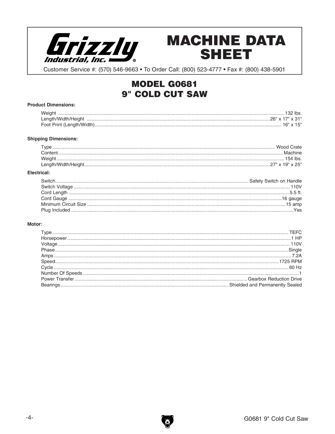 Grizzly G0681 owner manual Machine Data Sheet 