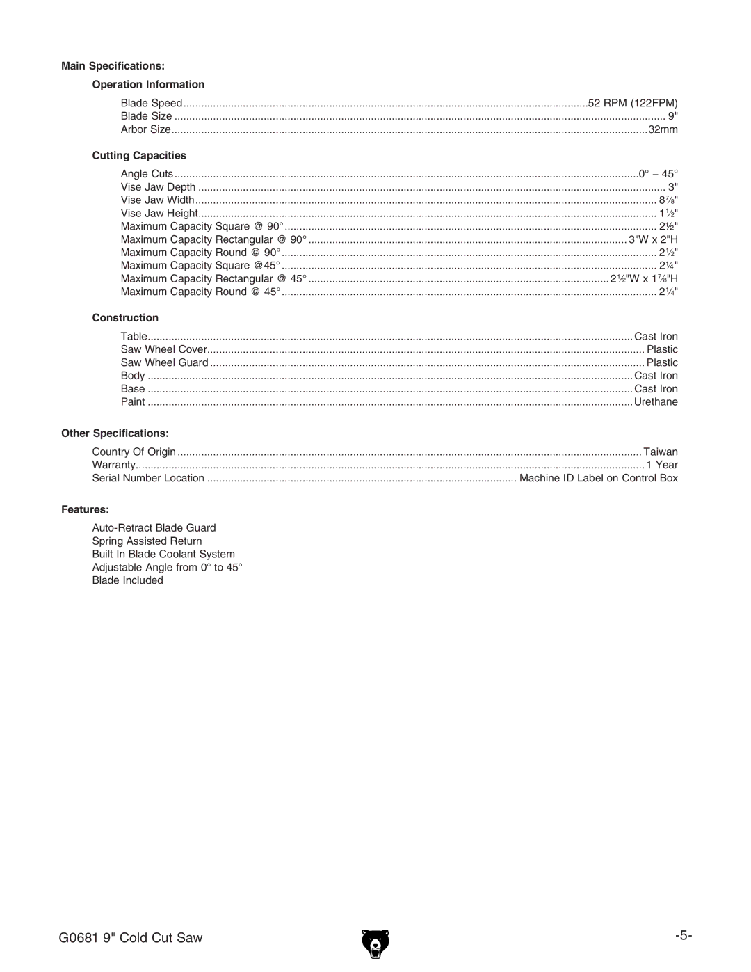 Grizzly G0681 owner manual Main Specifications Operation Information 