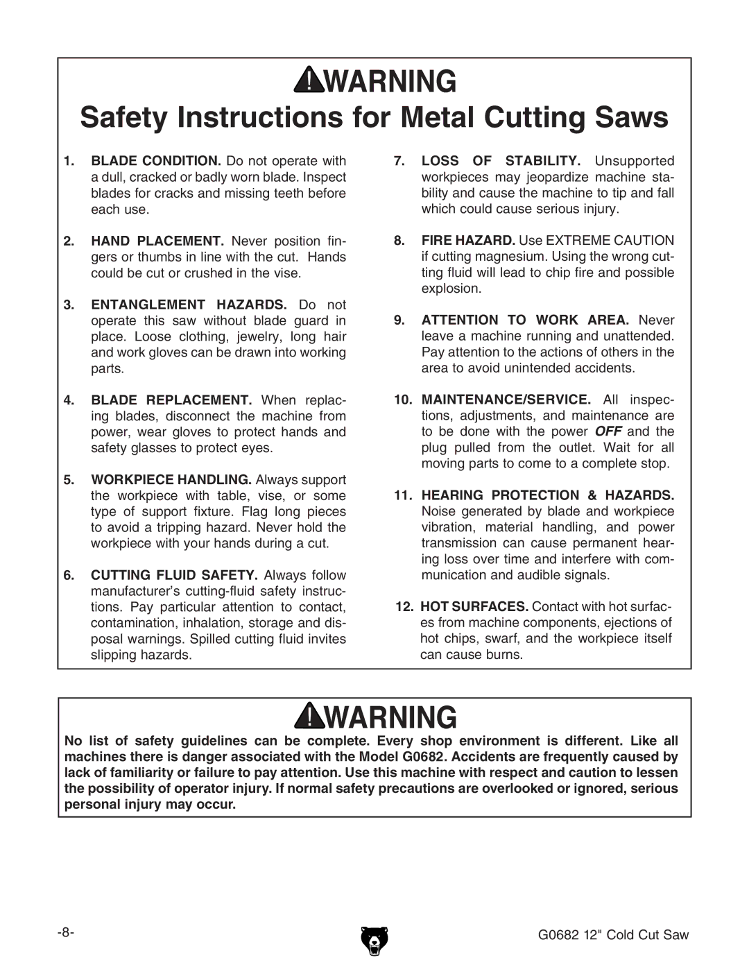 Grizzly G0682 owner manual Safety Instructions for Metal Cutting Saws, Hearing Protection & Hazards 