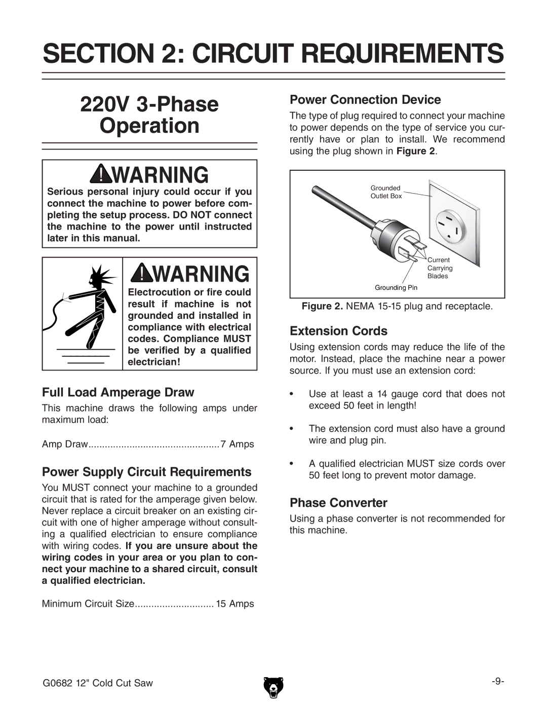 Grizzly G0682 owner manual Circuit Requirements, 220V 3-Phase Operation 