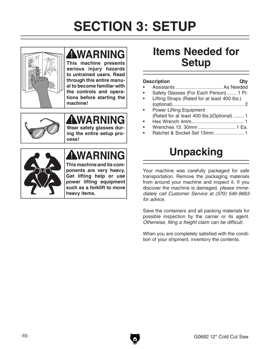 Grizzly G0682 owner manual Items Needed for Setup, Unpacking, Description Qty, ™ EdlZgAic\fjebZci 