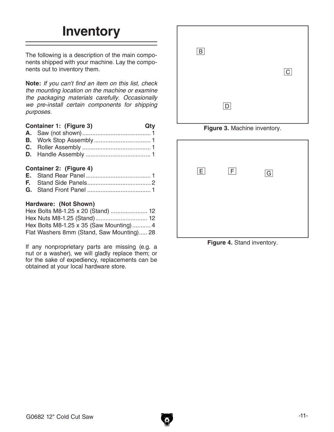 Grizzly G0682 owner manual Inventory, Container 1 Figure Qty, Container 2 Figure, HardwareNot Shown 