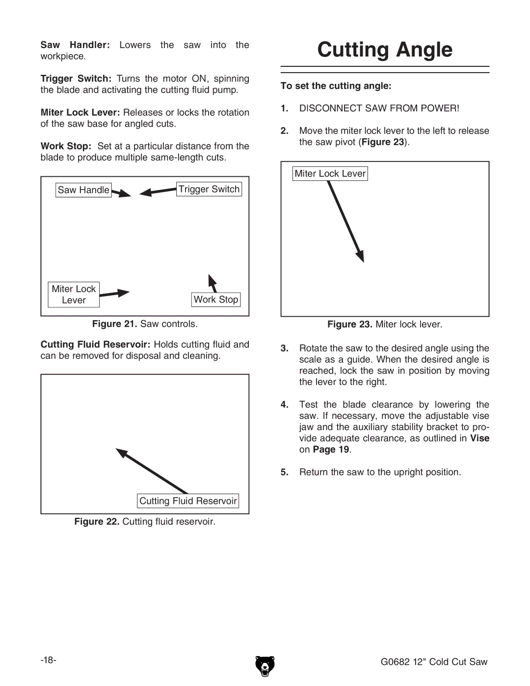 Grizzly G0682 owner manual Cutting Angle, Saw Handler AdlZgh iZ, To set the cutting angle 