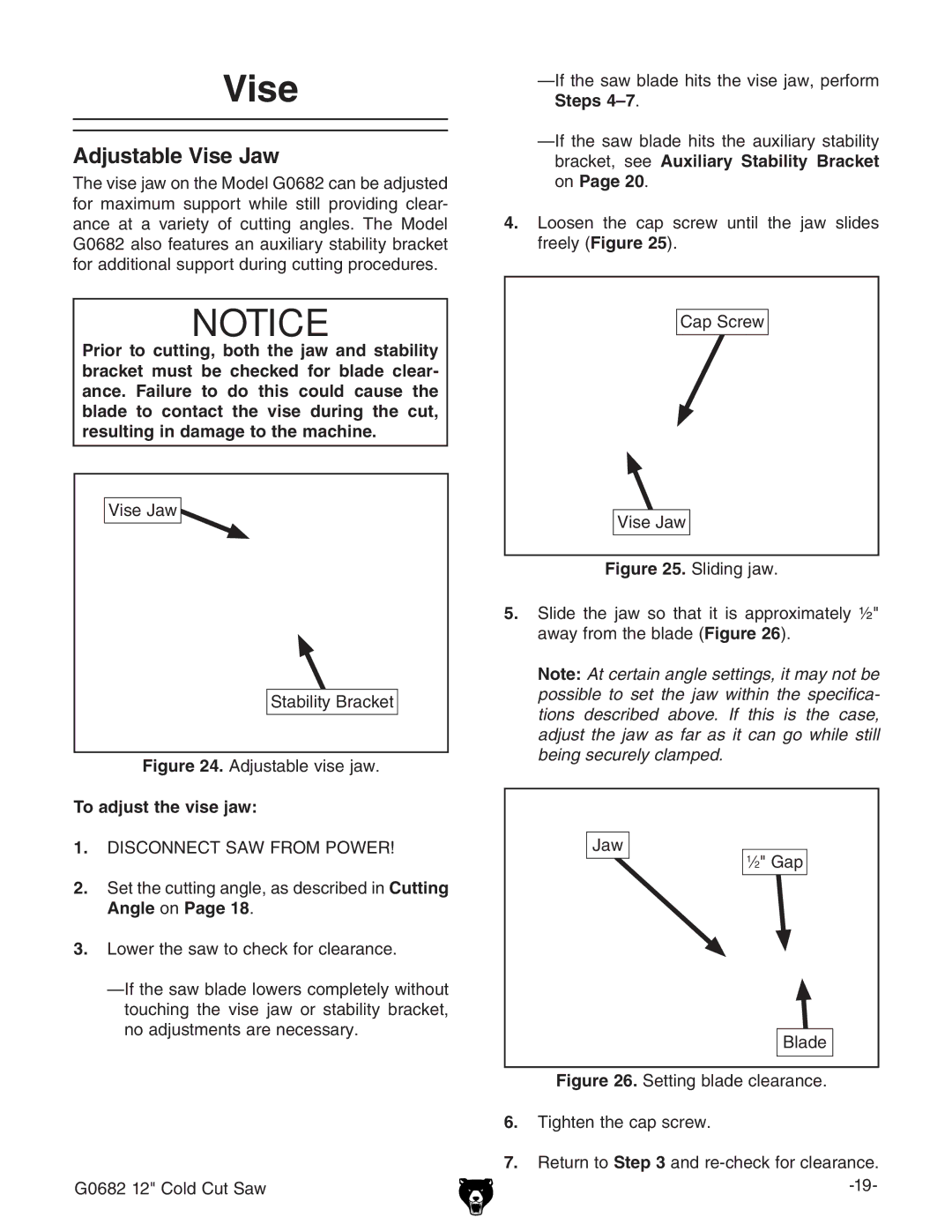 Grizzly G0682 owner manual Adjustable Vise Jaw, To adjust the vise jaw, AngledcPage 18# 