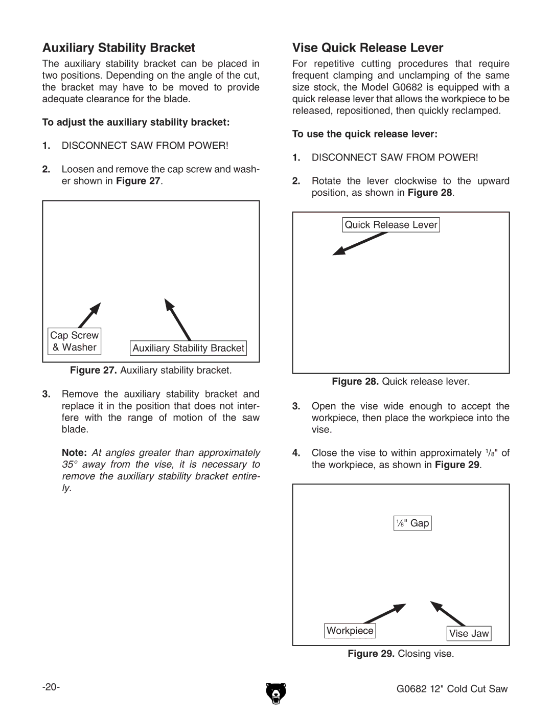 Grizzly G0682 owner manual Auxiliary Stability Bracket, Vise Quick Release Lever, To adjust the auxiliary stability bracket 